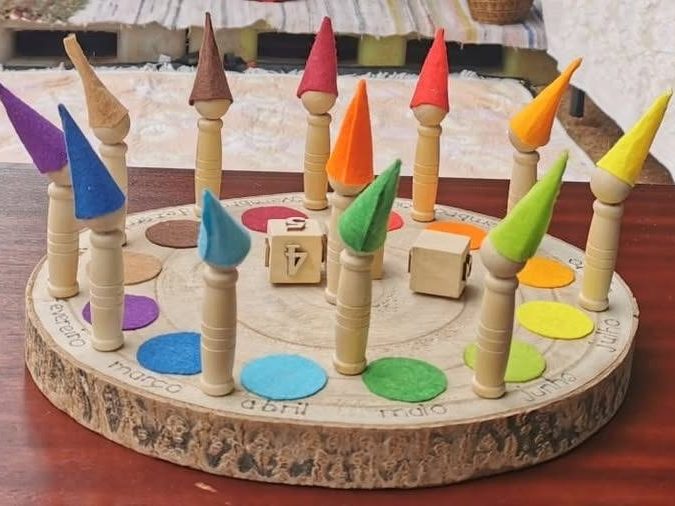 Calendário oval em madeira “A Dança dos Meses”, com os meses do ano e pequenas figuras artesanais.